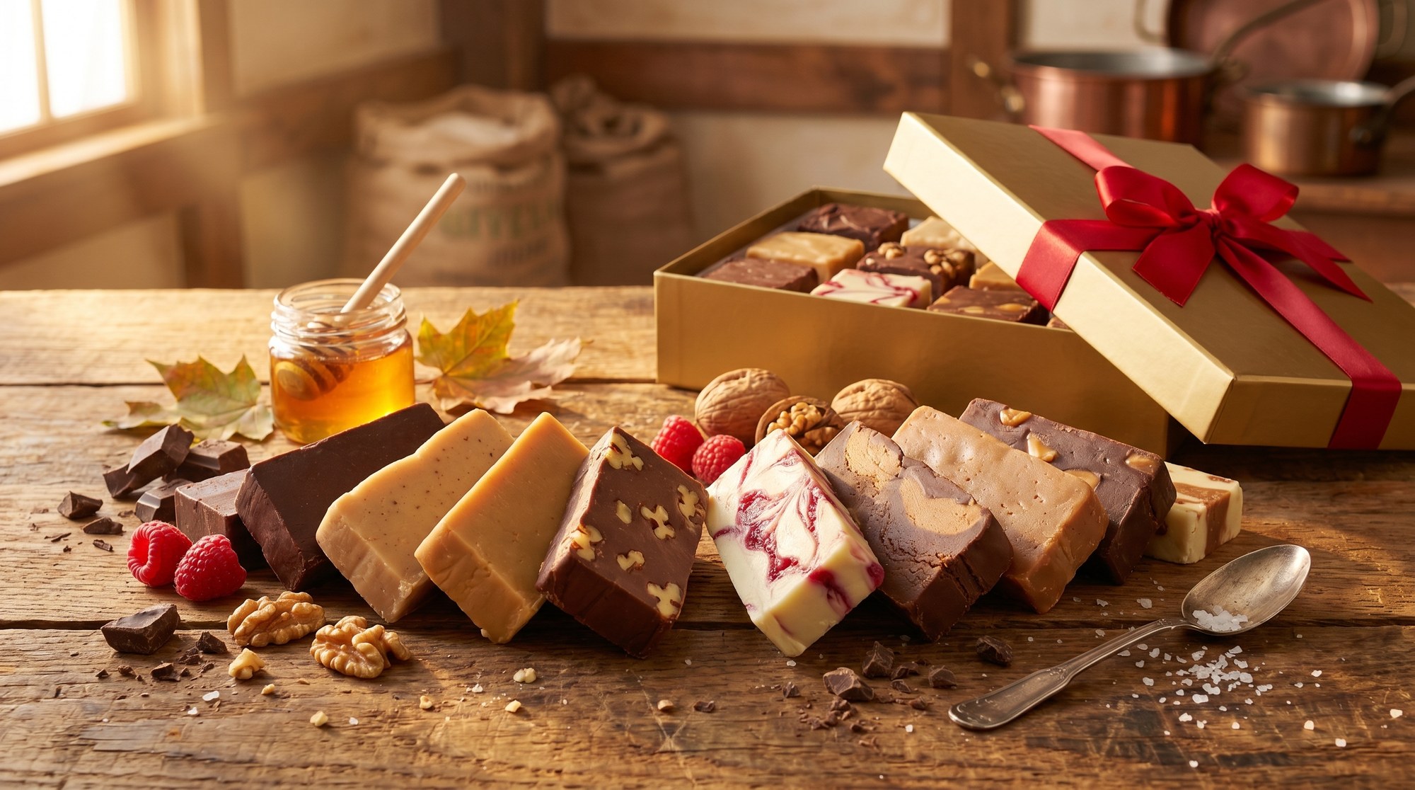 Mill Fudge Factory Fudge of the Month box โ full spread of fudge with the gift box