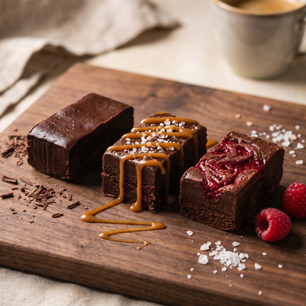Belgian Chocolate, Chocolate Salted Caramel, and Chocolate Raspberry fudge on a wood board
