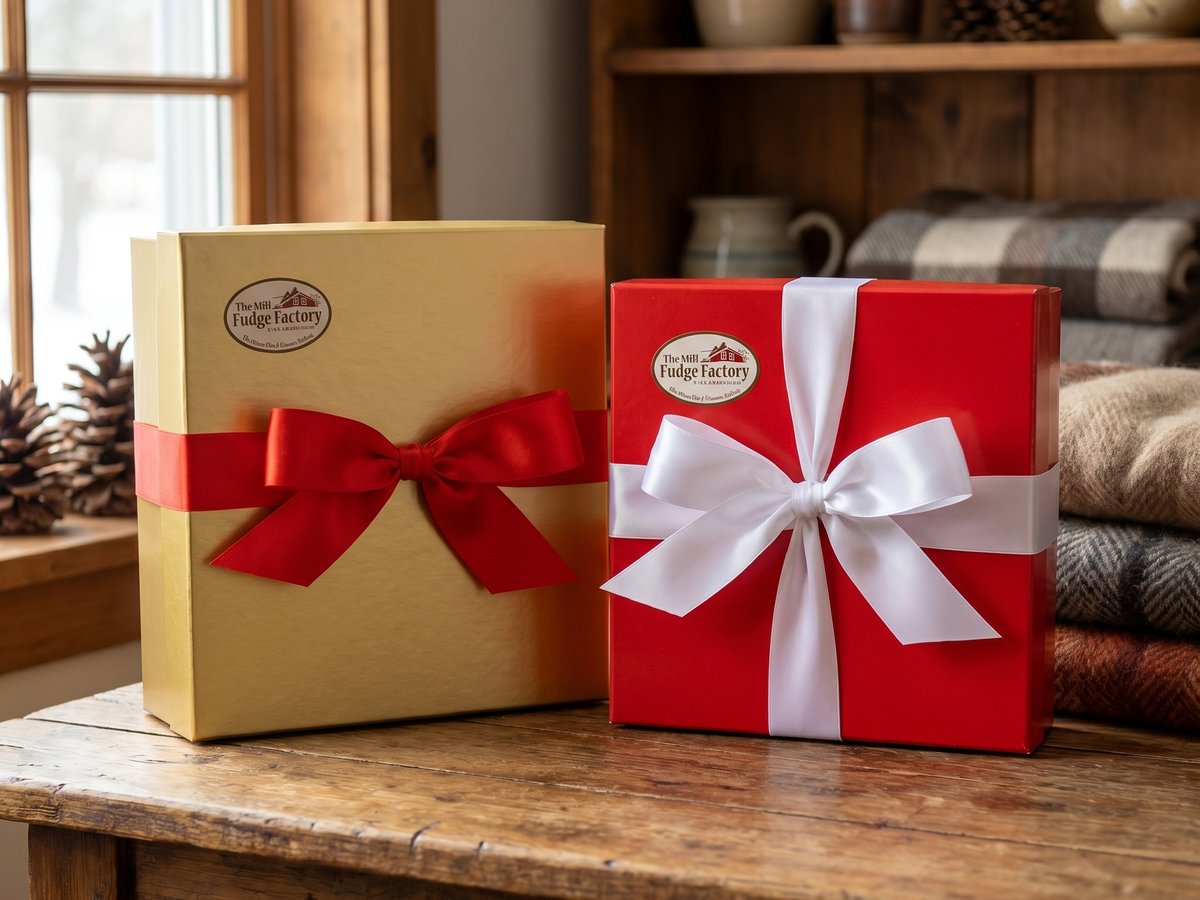 The Mill Fudge Factory gold and red premium gift boxes with ribbons